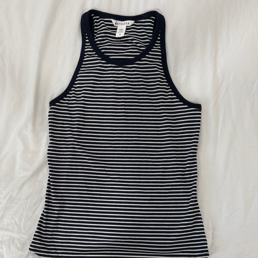 Athleta Navy and White Striped Ribbed Tank Medium